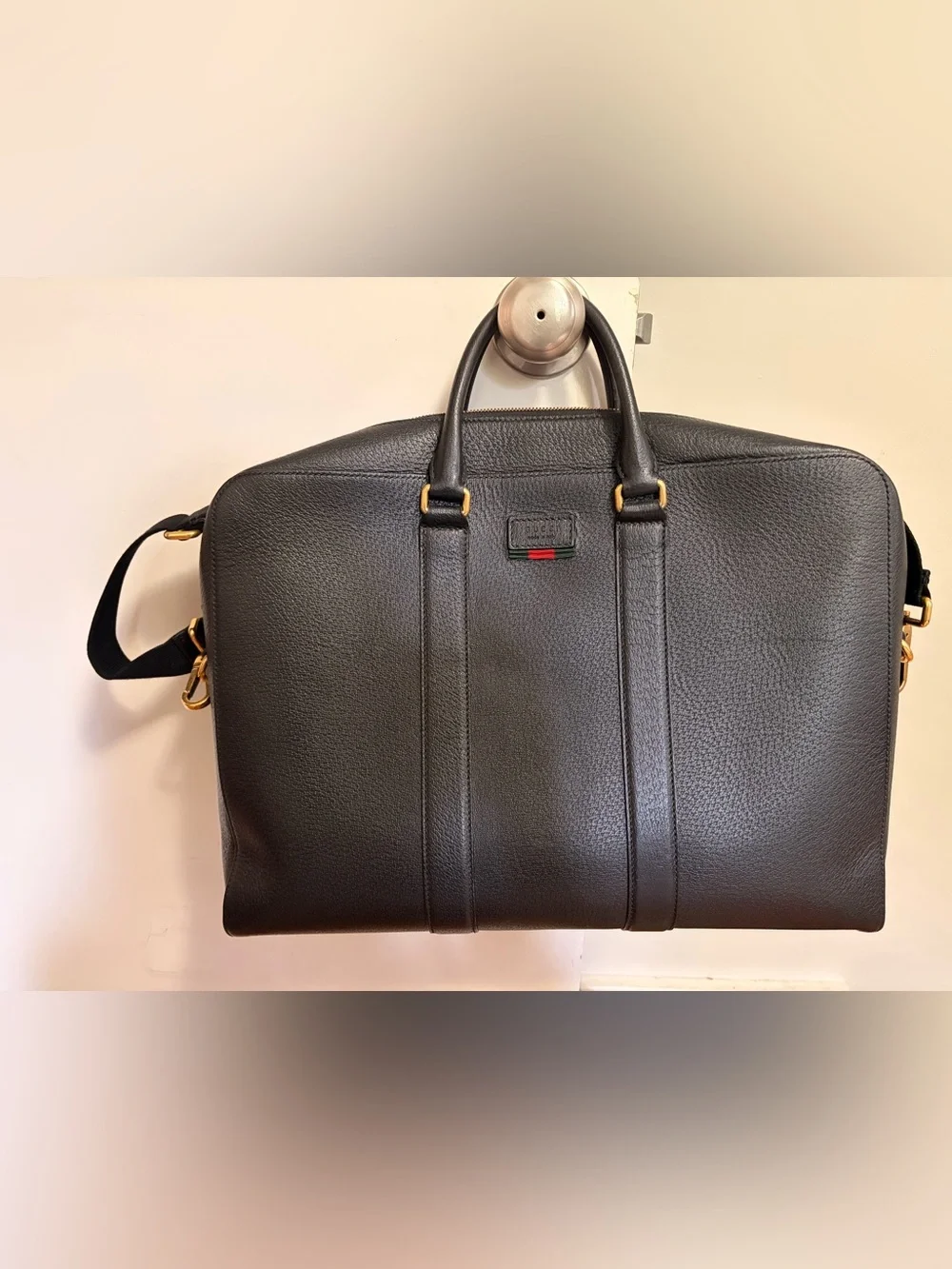 Gucci Black Leather Briefcase with Gold-Tone Hardware and Signature Web